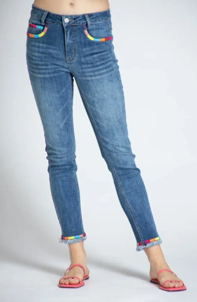 Apny Rainbow Embroidered Frayed Skinny Jeans In Medium Indigo