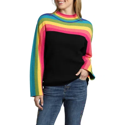 Apny Rainbow Stripe Mock Neck Sweater In Black Multi