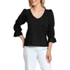 Apny Renaissance Sleeve Cotton Slub Top In Black