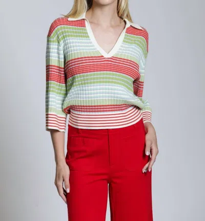 Apny Ribbed Stripe Polo In Red Multi