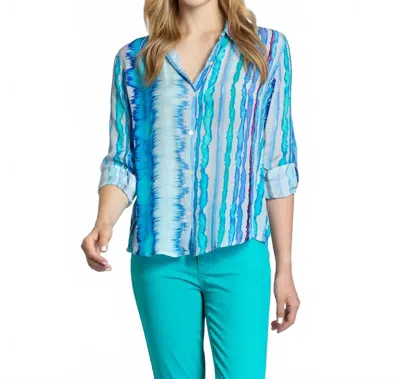 Apny Roll Sleeve Button Up Top In Blue Paint