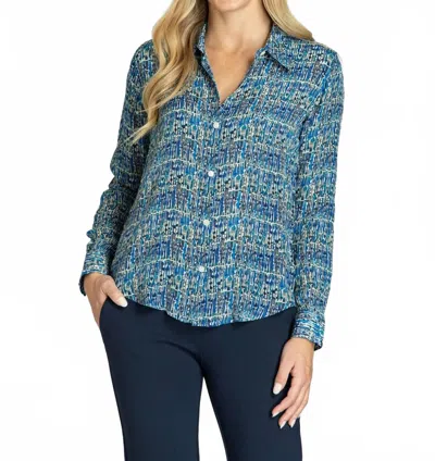 Apny Roll Sleeve Button Up Top In Blue Wave