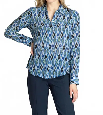 Apny Roll Sleeve Button Up Top In Diamond In Blue