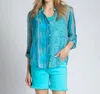 Apny Roll Sleeve Button Up Top In Ocean Blue Multi