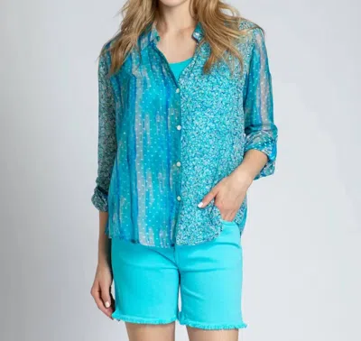 Apny Roll Sleeve Button Up Top In Ocean Blue Multi
