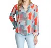 Apny Roll Sleeve Button Up Top In Red & Blue Paint In Multi