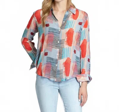 Apny Roll Sleeve Button Up Top In Red & Blue Paint In Multi