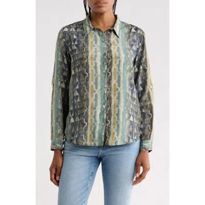 Apny Roll Tab Sleeve Button-up Shirt In Green Multi
