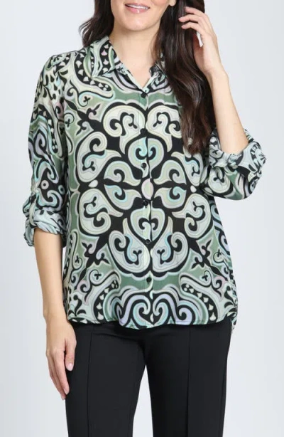 Apny Roll Tab Sleeve Button-up Shirt In Sage Multi