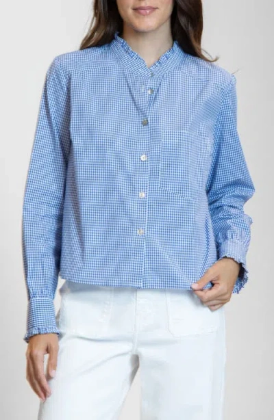Apny Ruffle Detail Cotton Gingham Button-up Shirt In Blue