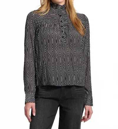 APNY RUFFLE HALF PLACKET BLOUSE IN BLACK/WHITE