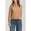 Apny Ruffle Long Sleeve Crop Button-up Shirt In Brown
