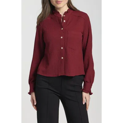 Apny Ruffle Long Sleeve Crop Button-up Shirt In Burgundy