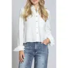 Apny Ruffle Long Sleeve Crop Button-up Shirt In White