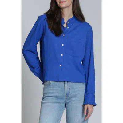 Apny Ruffle Long Sleeve Crop Button-up Shirt In Blue