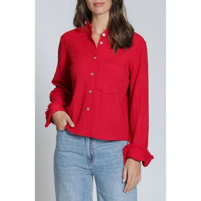 Apny Ruffle Long Sleeve Crop Button-up Shirt In Red