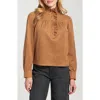 Apny Ruffle Snap Front Faux Suede Top In Brown