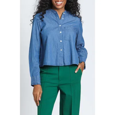 Apny Ruffle Trim Cotton Chambray Crop Button-up Shirt In Blue