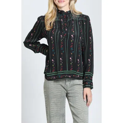 Apny Ruffled Floral Stripe Top In Black