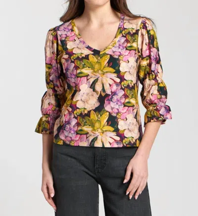 Apny Scrunch Sleeve Floral Top In Multi