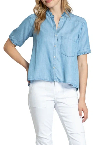 Apny Short Sleeve Chambray Crop Button-up Shirt In Light Indigo