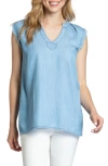 APNY SLEEVELESS FRINGED CHAMBRAY TOP