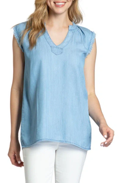 Apny Sleeveless Fringed Chambray Top In Light Indigo