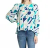 Apny Smock Pullover Top In Blue/beige Multi In Blue