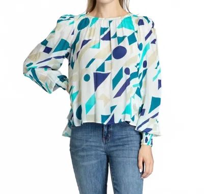 Apny Smock Pullover Top In Blue/beige Multi