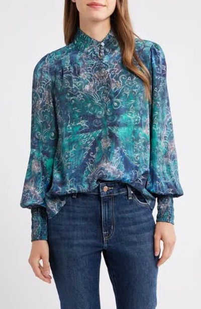 Apny Smocked Cuff Long Sleeve Top In Dark Turquoise