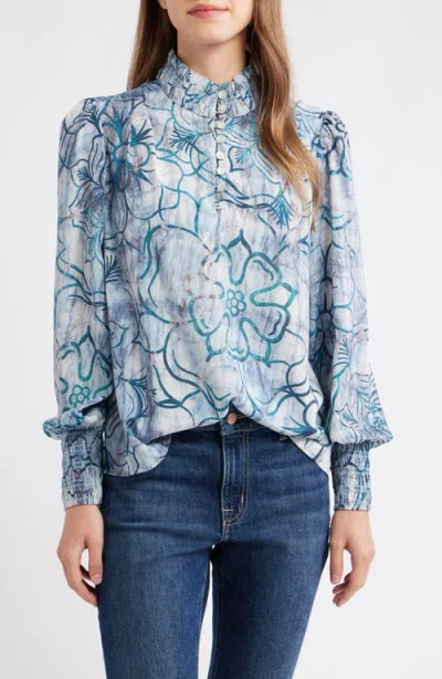 Apny Smocked Cuff Long Sleeve Top In Multi