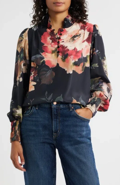 Apny Smocked Cuff Long Sleeve Top In Multi