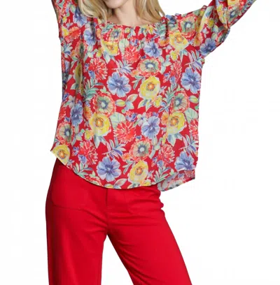 Apny Smocked Cuff Pullover Blouse In Red Multi