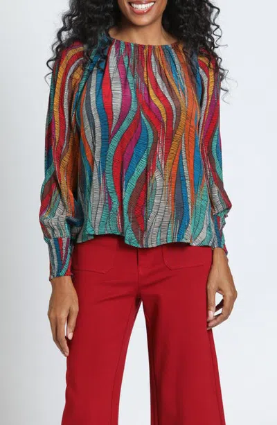 Apny Smocked Cuff Pullover Top In Multi