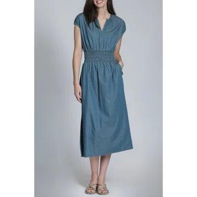 Apny Smocked Waist Denim Midi Dress In Blue