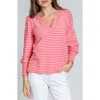Apny Stripe Puff Shoulder Top In Pink