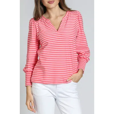 Apny Stripe Puff Shoulder Top In Pink/ Coral
