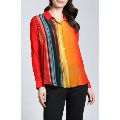 Apny Stripe Roll Cuff Button-up Shirt In Orange Multi