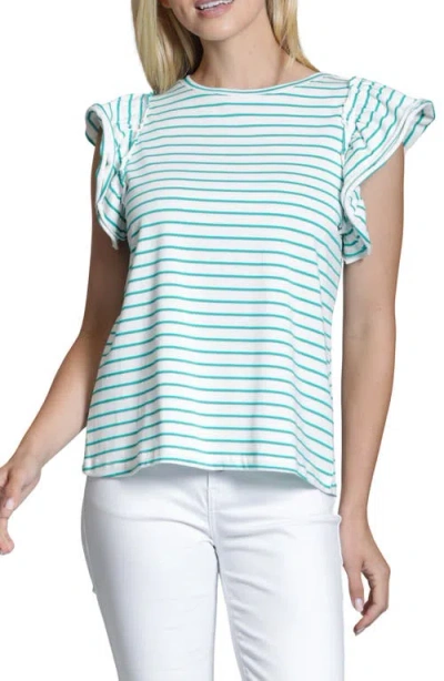 Apny Stripe Ruffle Cap Sleeve T-shirt In Green