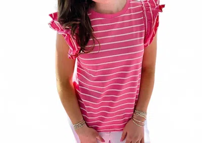 Apny Stripe Ruffle Cap Tee In Pink/white