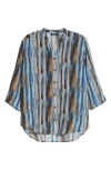 Apny Stripe Three Quarter Sleeve Cupro Blend Button-up Shirt In Light Blue Multi