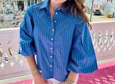 Apny Striped Blouson Sleeve Button Down In Blue