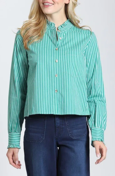 Apny Striped Ruffle Cropped Shirt In Emerald Isle