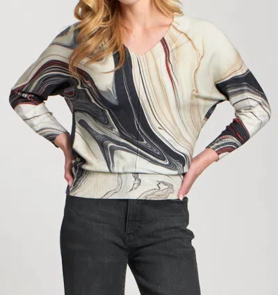 Apny Sunset Marble Printed V-neck Pullover Top In Grey In Gray