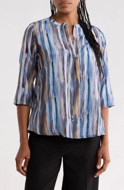 Apny Tassel Mandarin Collar V-neck Blouse In Blue/ Brown Multi