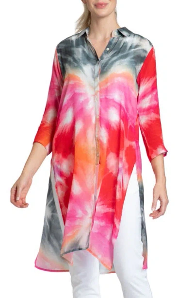 Apny Tie Dye Chiffon Button-up Tunic In Pink Multi