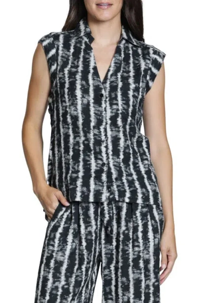 Apny Tie Dye Stripe Sleeveless Cotton Blend Button-up Shirt In Black