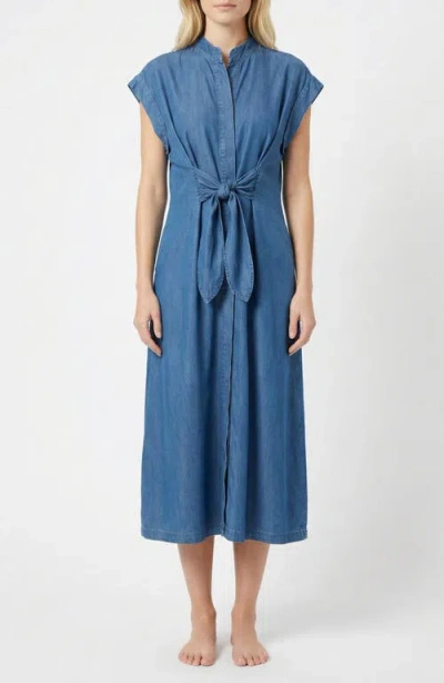 Apny Tie Front Denim Midi Shirtdress In Blue