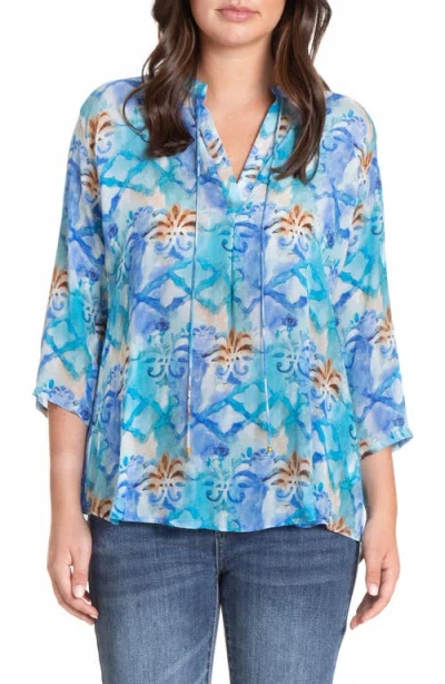 Apny Tie Neck Top In Blue/white Multi