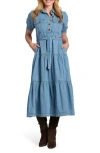 Apny Tie Waist Tiered Midi Dress In Blue